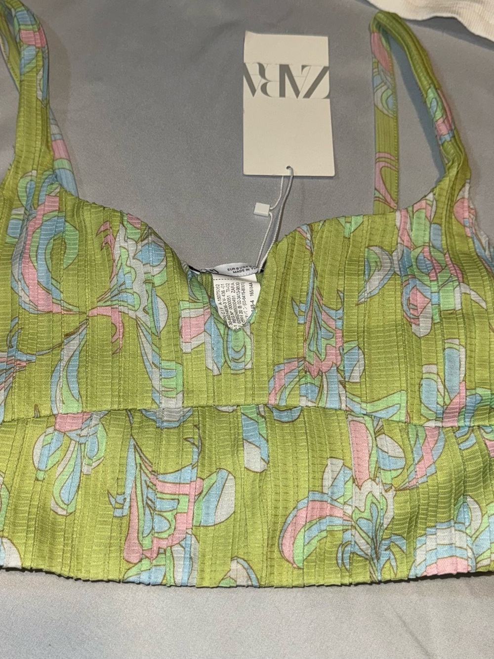 Zara Lime Green Pastel Floral Ribbed Crop Tank